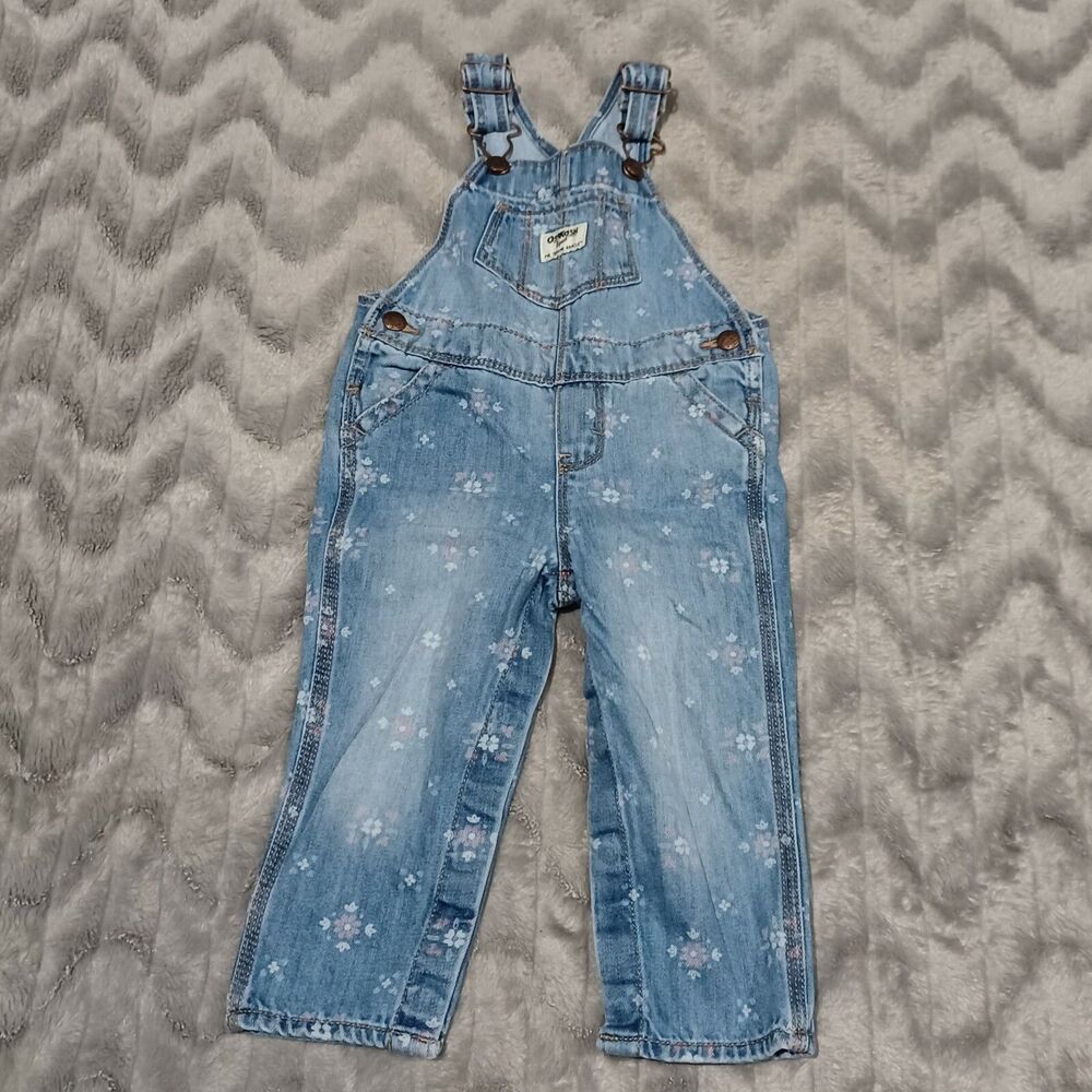 Oshkosh B'gosh Baby Toddler Girls Size 18m Blue Floral Denim Jean Overalls